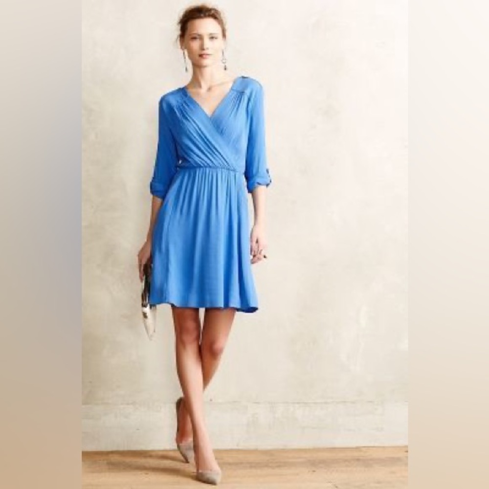 Anthropologie Blue Wrap-Style Mini Dress